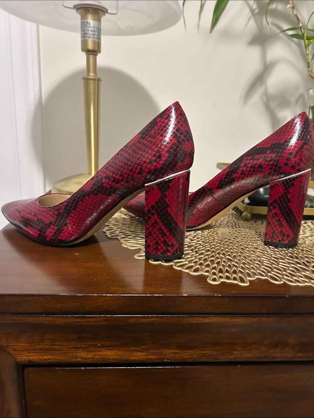 Marc Fisher Red and Black Snake-Print Block Heel Pumps - Picture 3 of 5